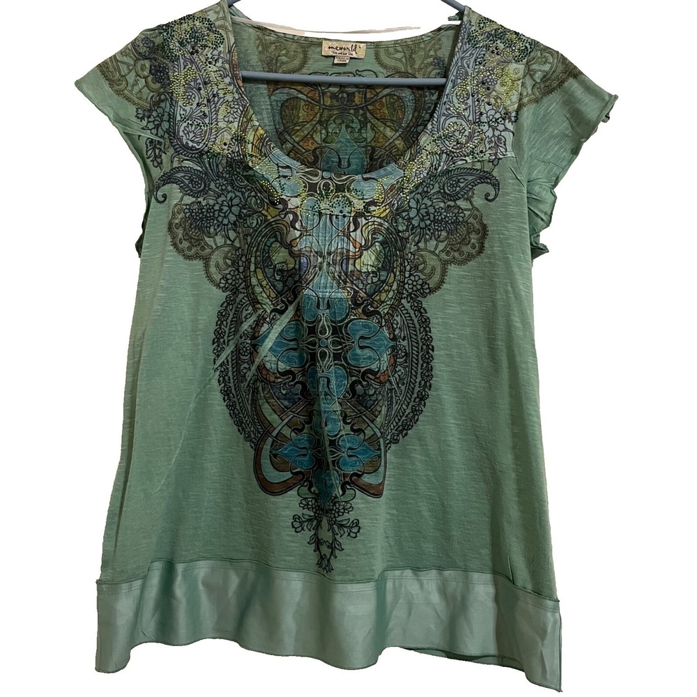 One World Womens Boho Mandala Top Green Large Studded Paisley Y2K Fairy‎ Grunge